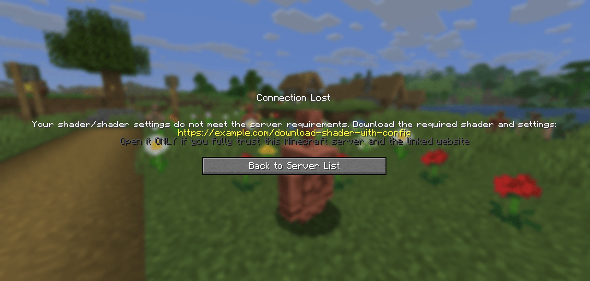 Server connection error screen: the player's shader or shader settings do not match the server's configuration. The error text suggests downloading the shader and shader settings from the specified link