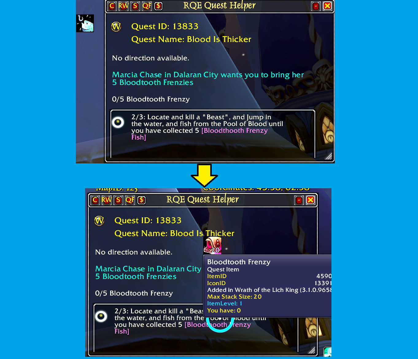 Thumbnail Displays tooltips within frame to include information on the character's quantity.