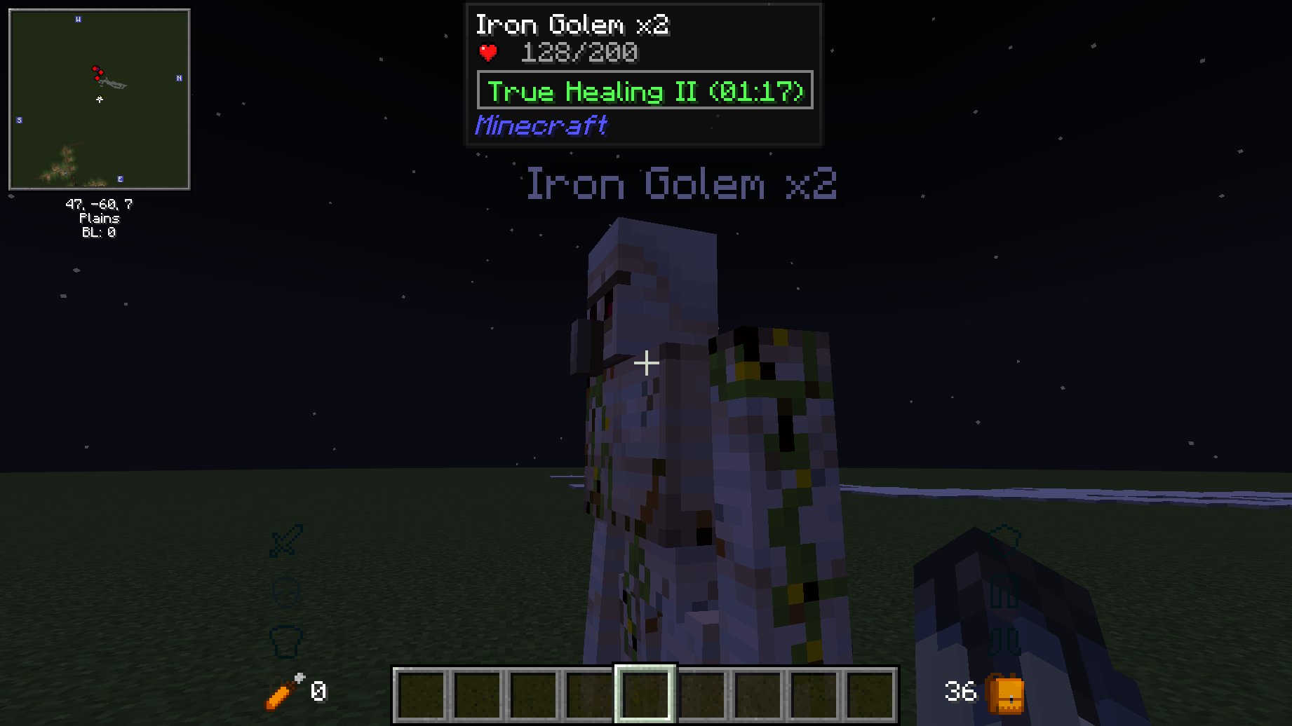 2x Iron Golem (Mob Stacker, health combined) vs. Zombie with buffs (Sophisticated Storage). Snow Golems fell, but the 2x Golem slayed the Zombie. Rather than sustain permanent damage, the Golem can heal and return to duty thanks to True Healing.