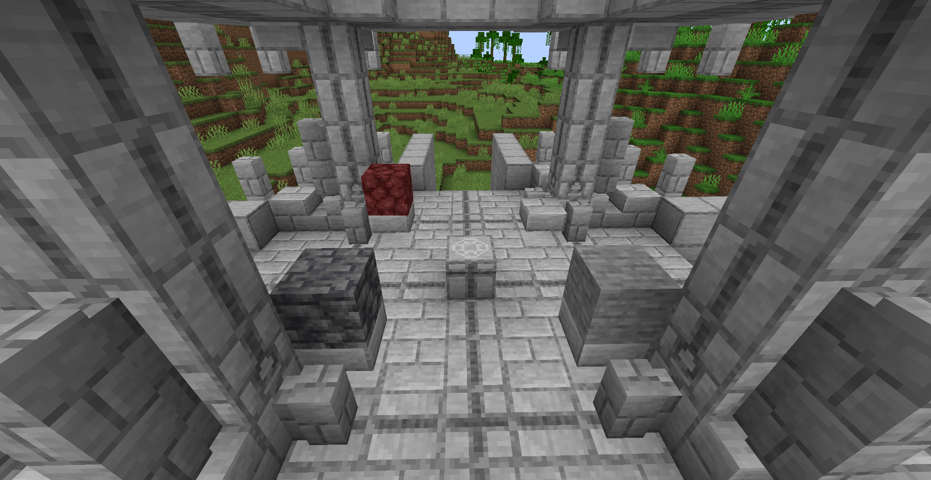 This image shows the temple, in an untouched state. The initial state of the puzzle can be seen, with stone, deepslate, and netherrack on raised platforms. One of four raised platforms is empty.