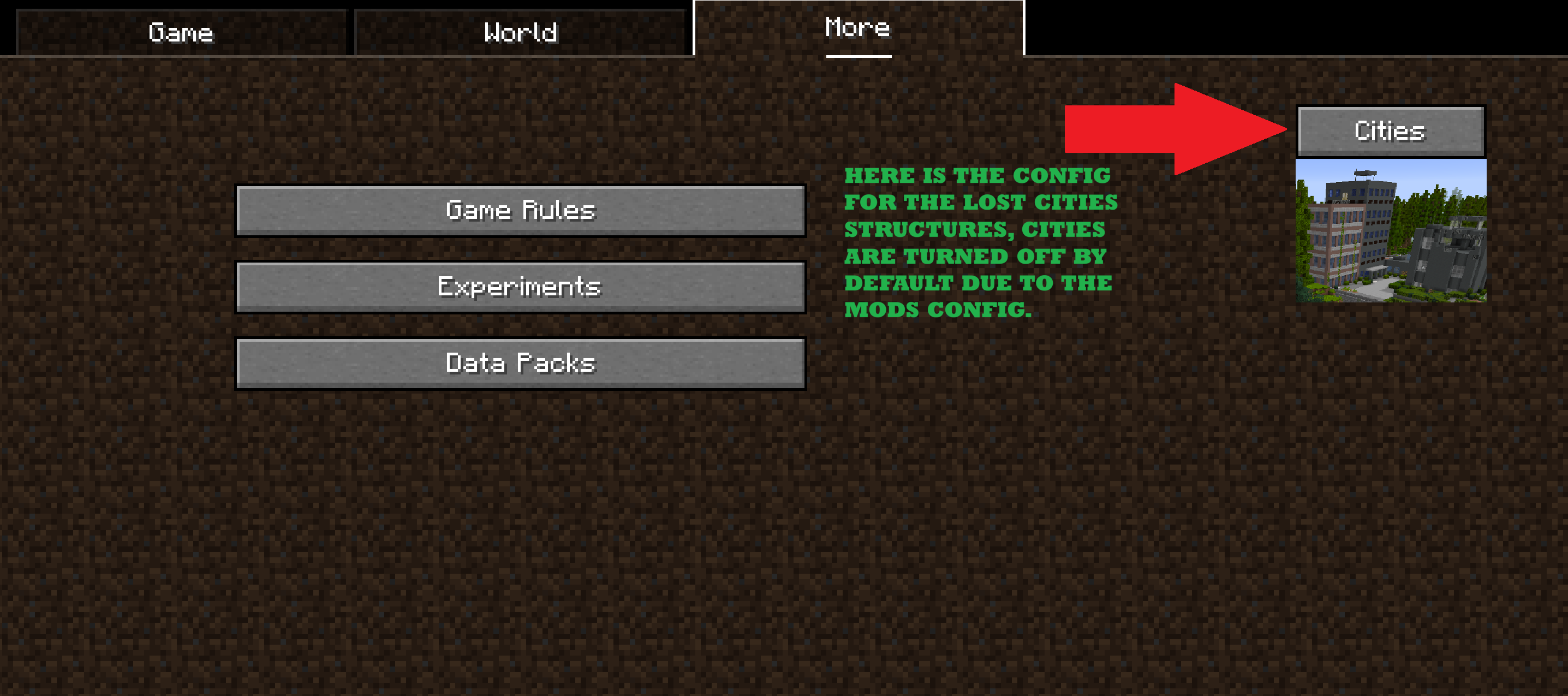 Thumbnail This is a picture of where the config features for the LostCities mod is found when creating a new world.