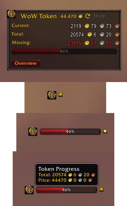 A clear visual bar that shows your progress toward the WoW Token price (green when reached, red otherwise). In compact mode, a small dot lets you slide out a mini progress bar without opening the full UI.