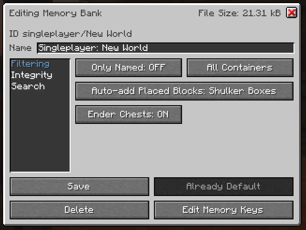 Thumbnail Example of a Memory Bank's individual settings, accessible from the main GUI or YACL config page. Image from Original mod page.