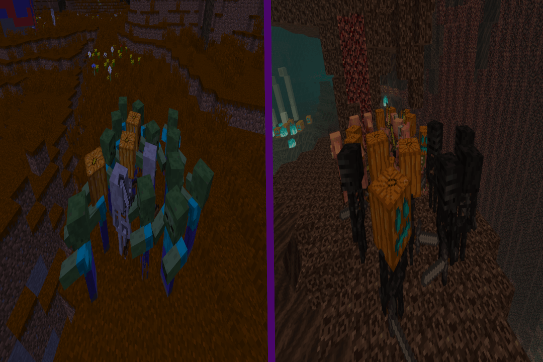 a 20% chance that zombies can spawn skeletons and nether mobs with pumpkins on their heads. For nether mobs, these would be soul pumpkins.