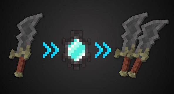 Hold Amulet of Twins in main hand, hold weapon with description (Twin Weapon) in off-hand and right click for duplicate weapon