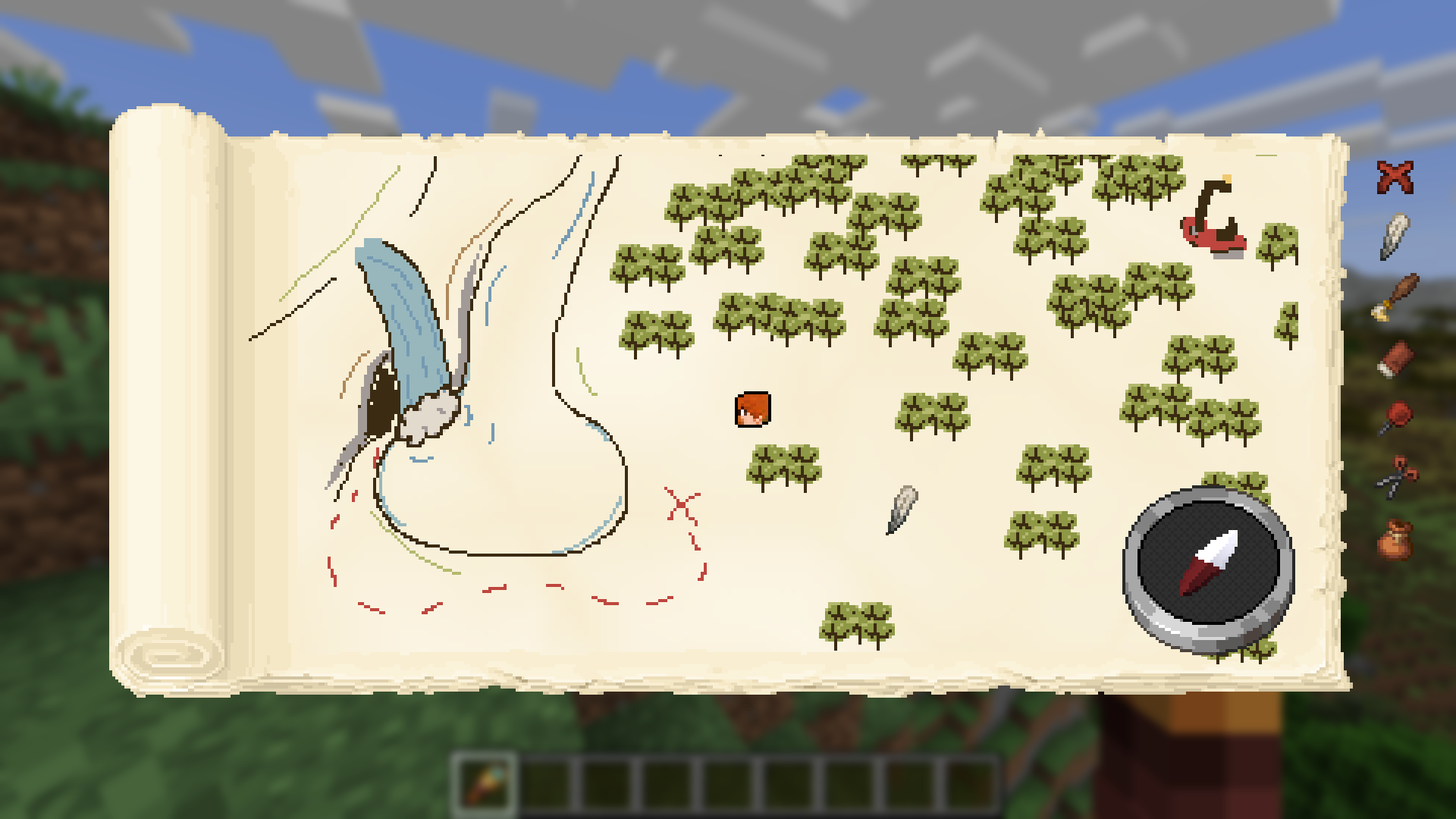 Handrawn map in a mapbook GUI with a waterfall next to trees. A red x with a trail leads to a cave behind the waterfall.