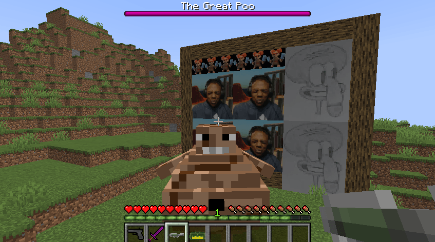 A picture of the custom paintings "Kinda Homeless", "Beautiful", and "Berserker". In front of them is The Great Poo, a new boss. The player has custom weapons like the glock, rocket launcher, and enderite sword.
