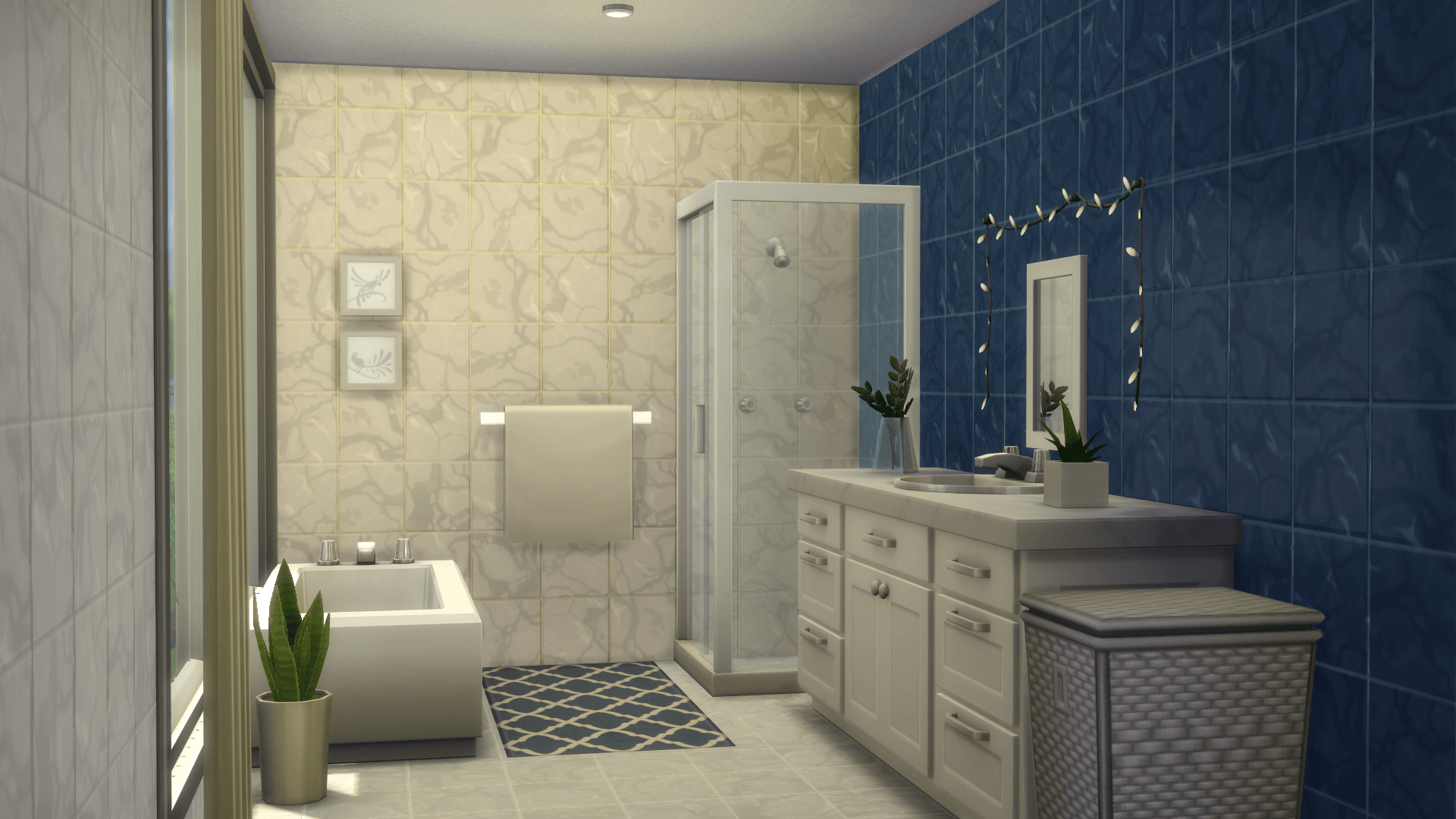 Bathroom featuring a new shower without back panels and some separated plants and fairy lights