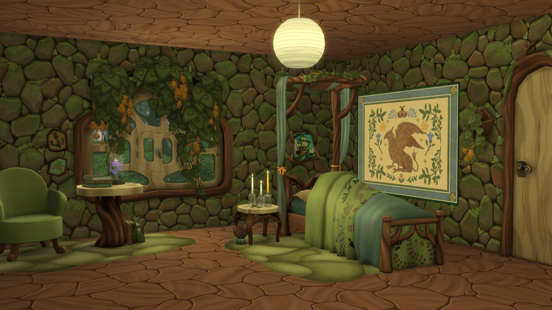 A Bedroom making use of various new items, such as the new single bed, small accent table, some separated artwork and tapestry