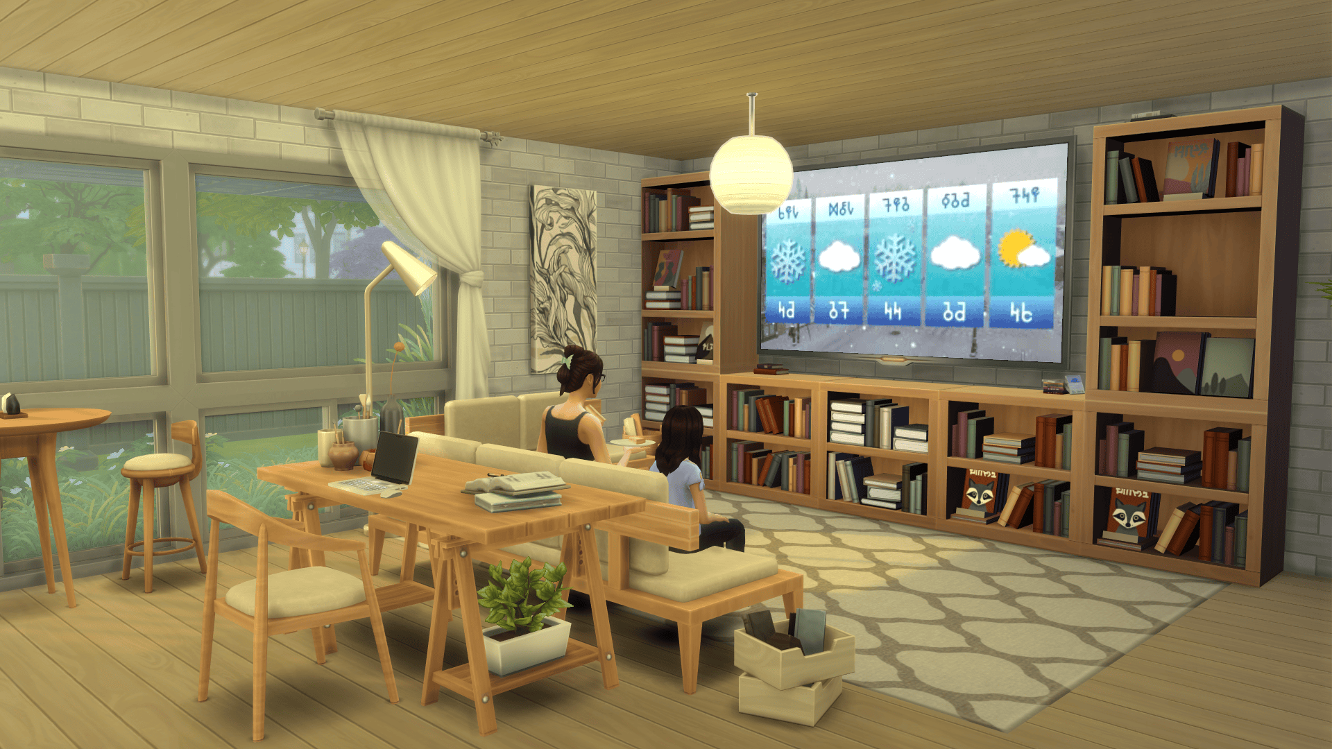 A living area making use of various new objects such as the sofa, desk and bar table. There's also a set of new bookshelves featured.
