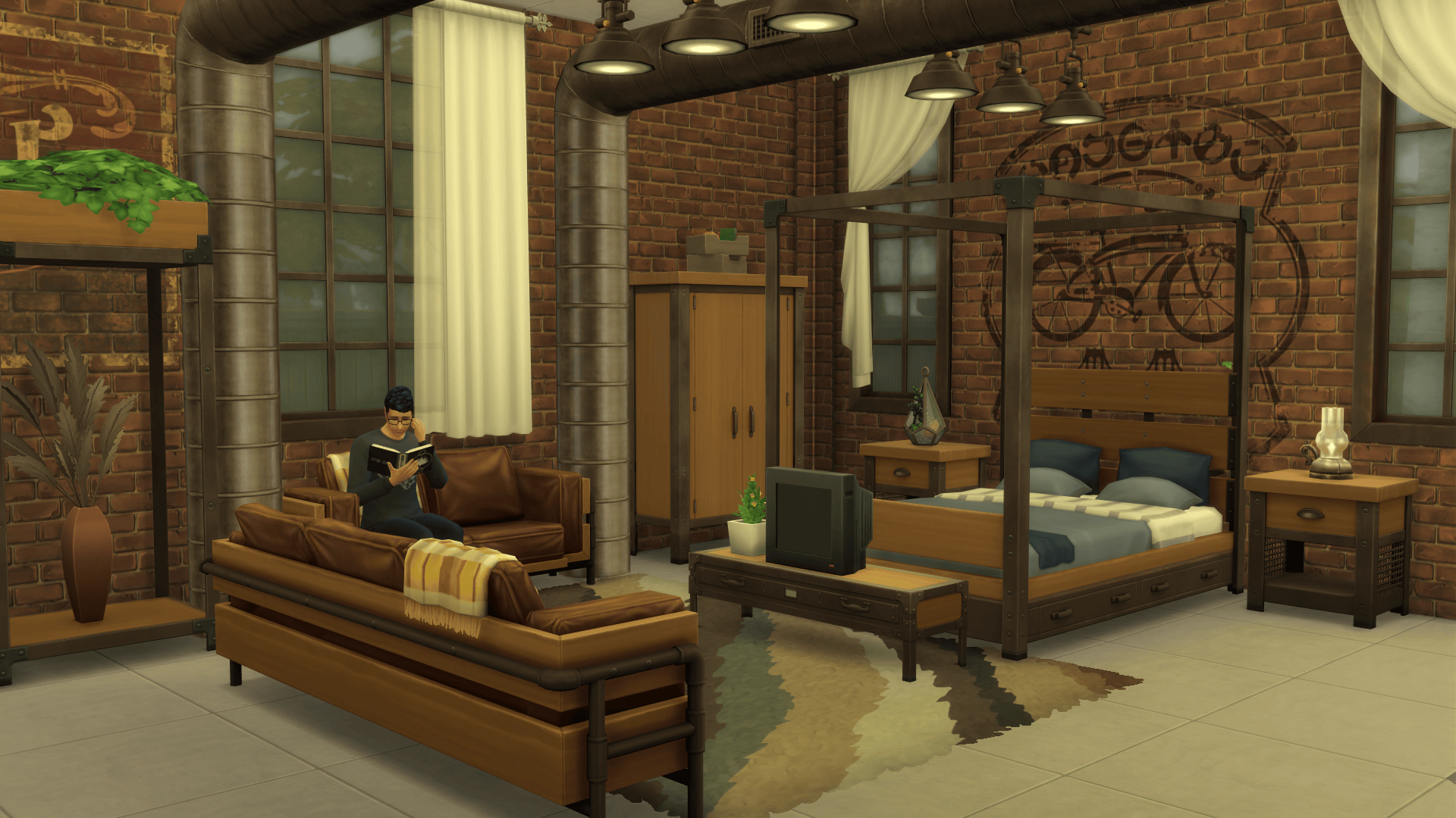 A bedroom space which makes use of various new items, such as a TV stand, dresser and sofa