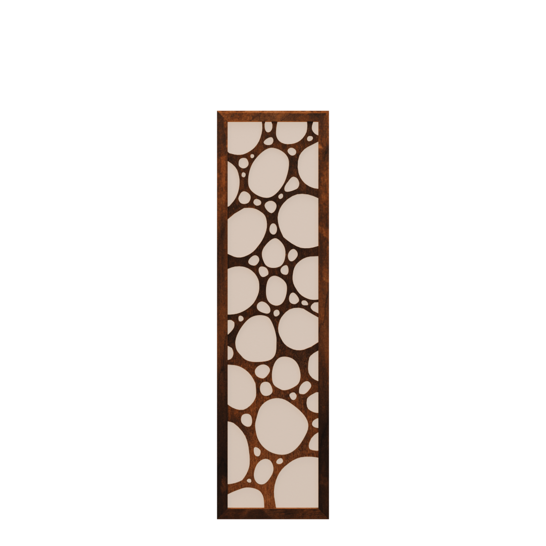 Thumbnail A decorative wooden stand featuring a unique pattern of rounded cut-outs resembling bubbles or natural cells.