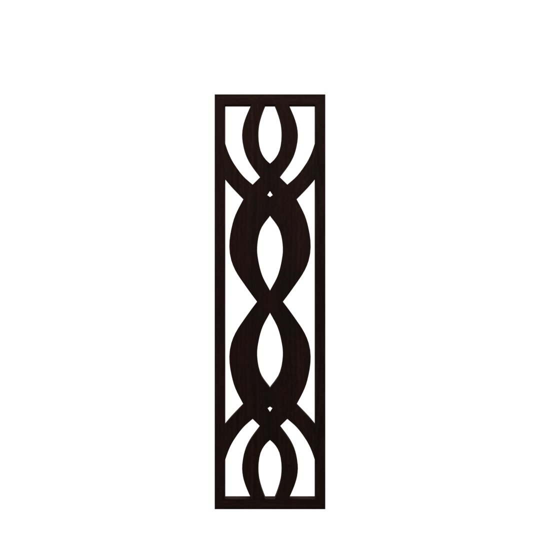 Thumbnail A slender decorative stand featuring an intricate pattern of interwoven curves, crafted from dark wood.