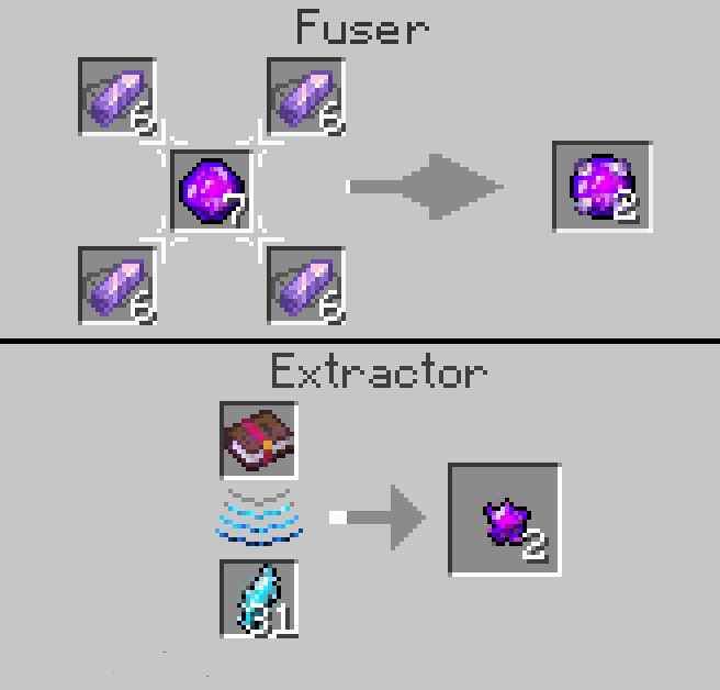 A Fuser is needed to craft enchanted chunks that actually do modify enchantments.
An Extractor is a kind of furnace that can smelt useless Enchanted Books into shards that can be further used in crafting.