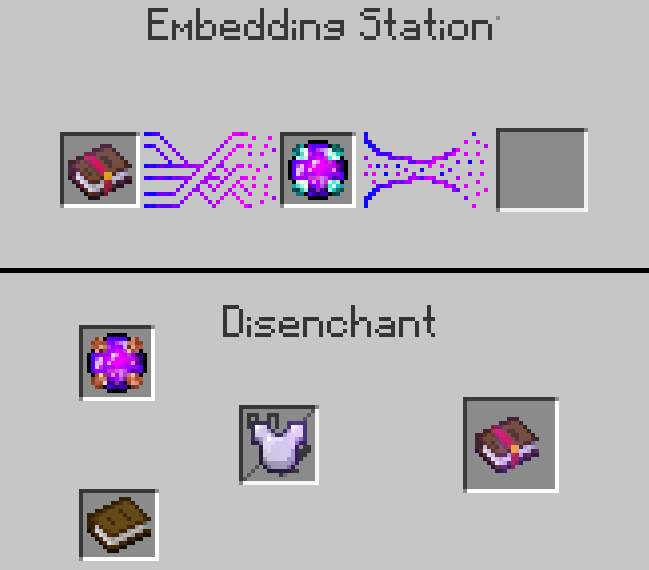Embedding Station can modify enchantments, e.g, upgrade level (even beyond max), reroll, or split them.
Disenchant takes all enchantments from the equipment and gives you an enchanted book containing those.
