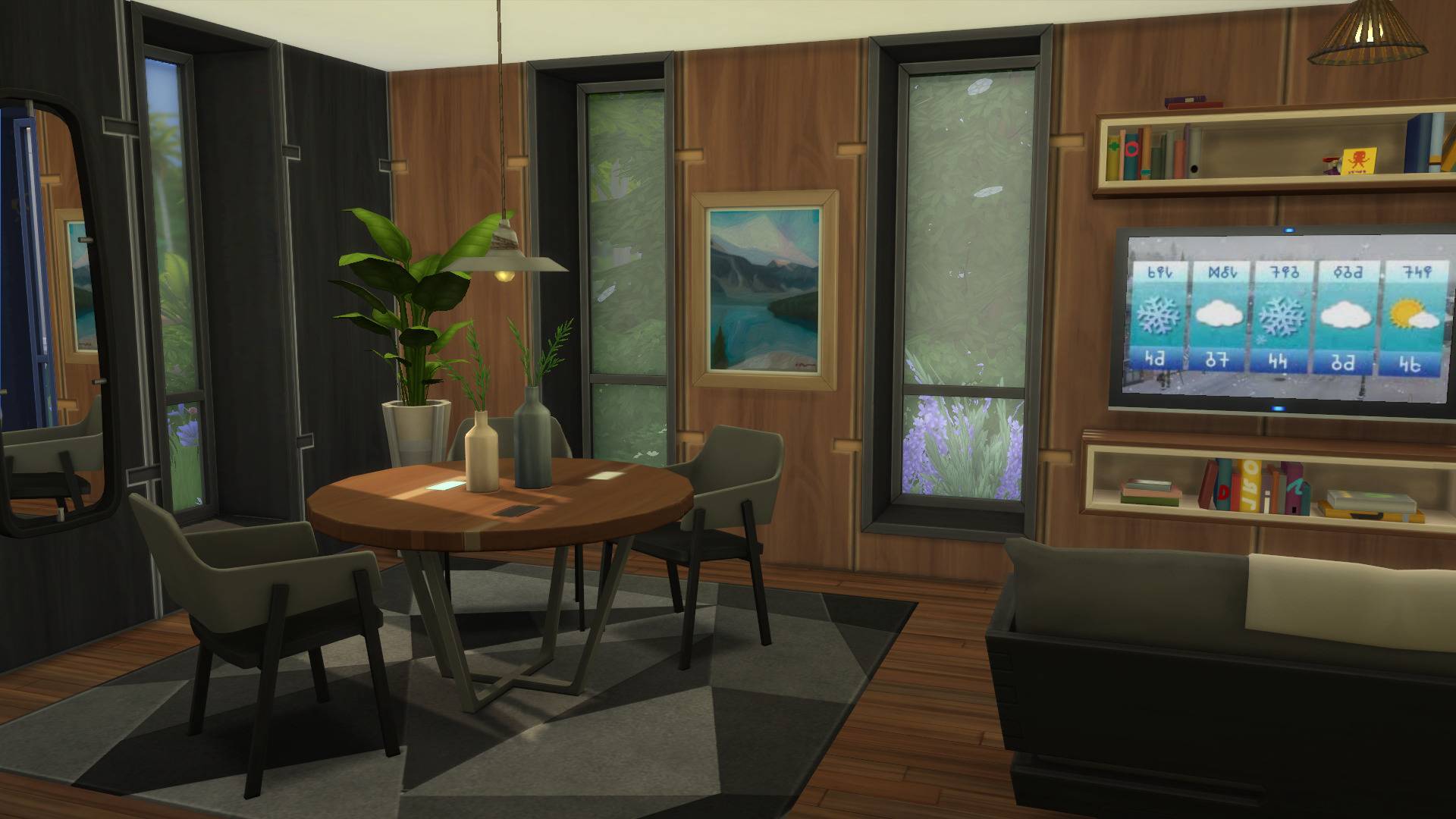 A stylish living area making use of various new objects, such as new windows, hanging light, dining table and wall-mounted shelves
