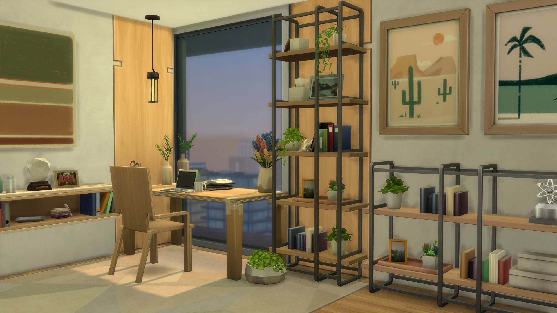 A study that is using one of the new lights, table and various shelves included in the addon