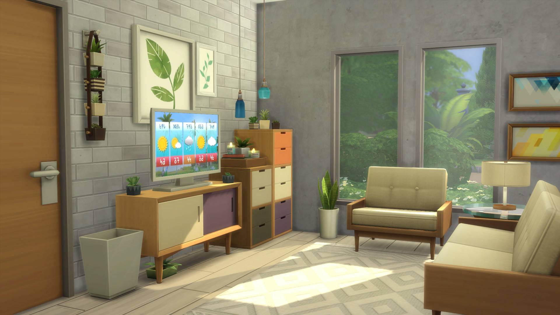 A living area using some of the new seating options, windows and shelves, as well as a new TV unit, TV and coffee table