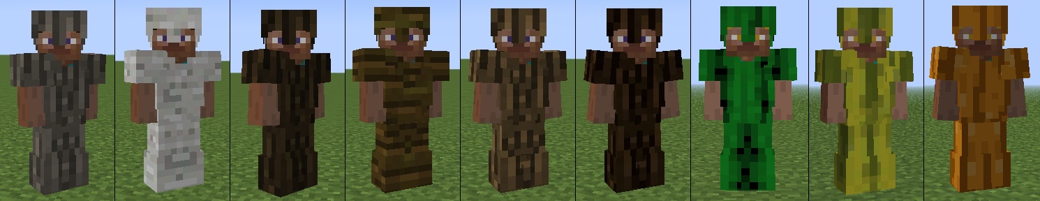 The new armor sets introduced by the BetterVanilla mod. From left to right: Acacia, Birch, Dark Oak, Jungle, Oak, Spruce, Cactus, Melon, and Pumpkin.