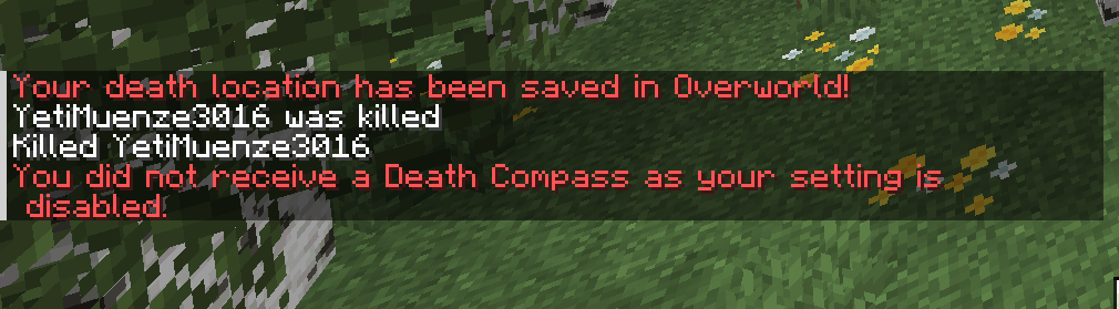 Thumbnail On death info and on respawn info
A message saying what death dimension they have, as well as an info, saying that they have not received a death compass as they have disabled the automatic compass giving system by confirming /permremovecompass