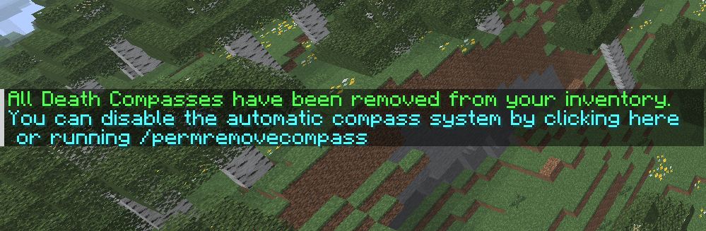 Thumbnail /removecompass command confirmed
Sends back a response saying that all death compasses have been removed from the players inventory, as well as an info message to permanently disable the automatic compass system, which is also clickable