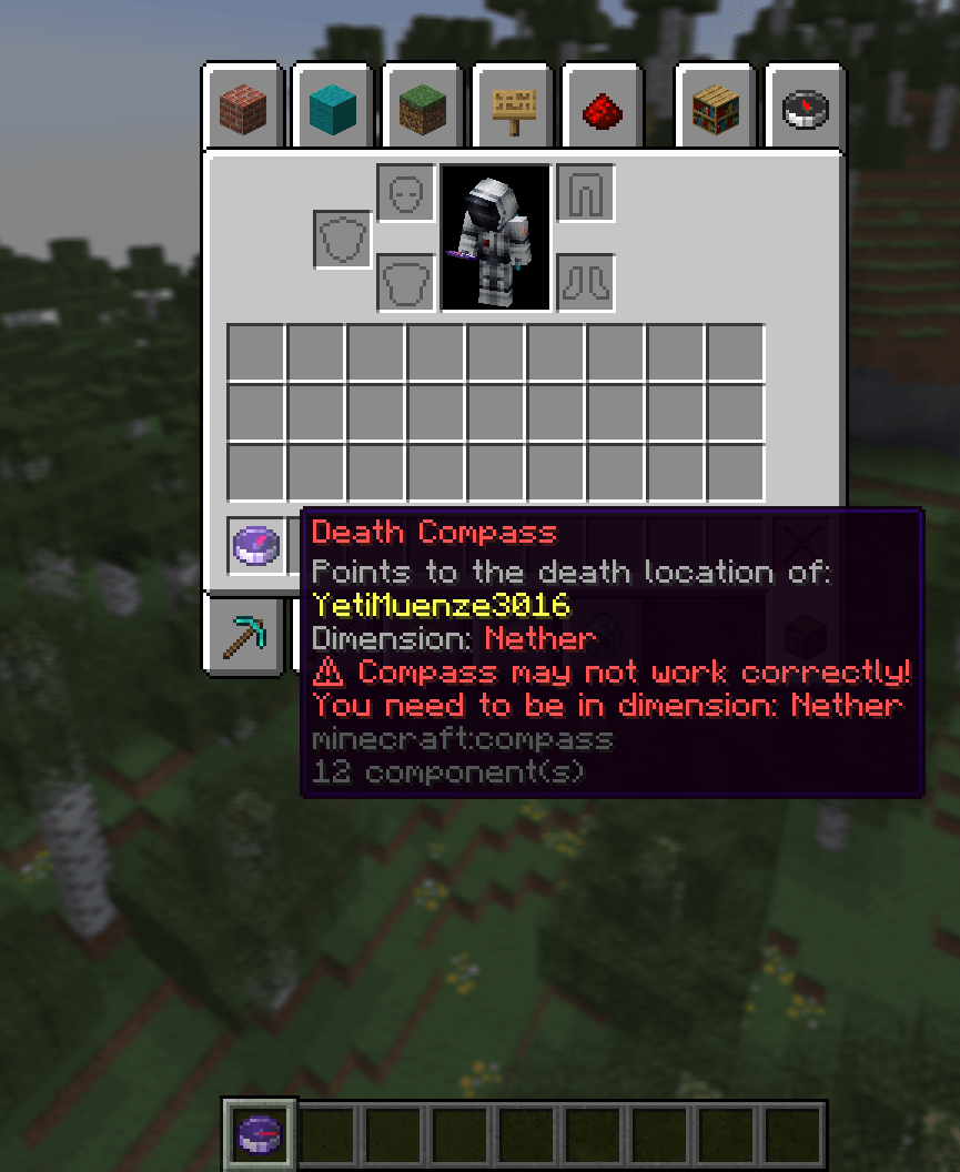 Thumbnail Compass warning lore, along with owner of compass and dimension
Shows the compass owner, as well as the death dimension and a warning if the user has died but respawned in a different dimension