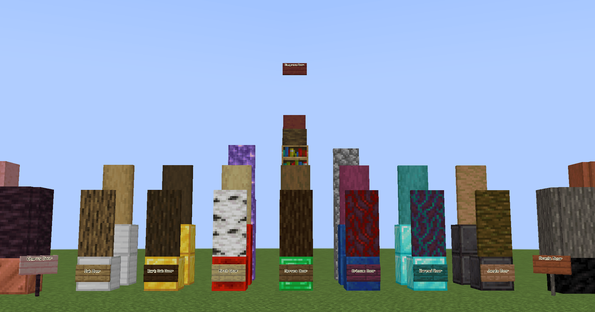 Cherry, Oak, Dark oak, Birch, Spruce, Crimson, Warped, Jungle, Acacia, Amethyst, Bookshelf, Cobblestone and Mangrove doors