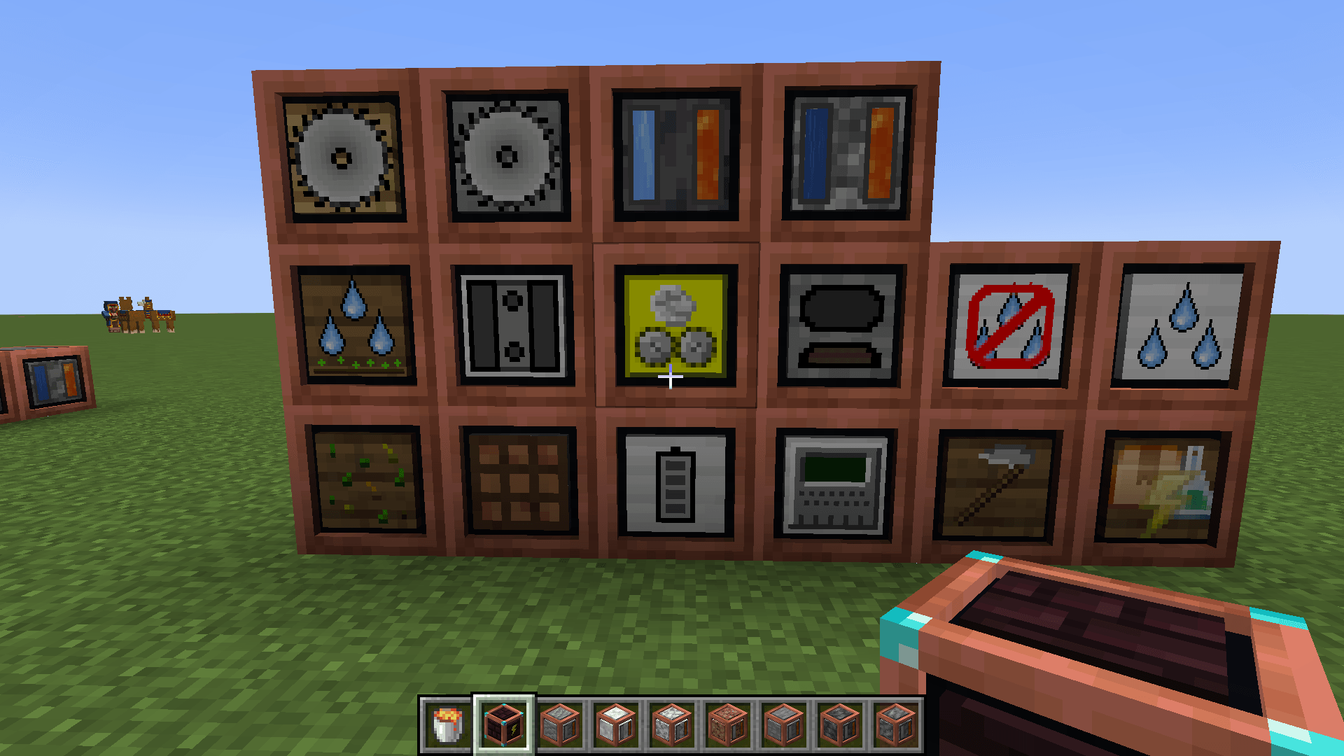 Top row: Sawmill, Electric Stonecutter, Basalt Solidifier, Cobblestone Solidifier
Middle row: Soil Manager, Pump, Grinder, Electric Furnace, Dehydrator, Hydrator
Bottom row: Planter, AutoPackager, Battery, Miner, AutoHarvester, Buffer