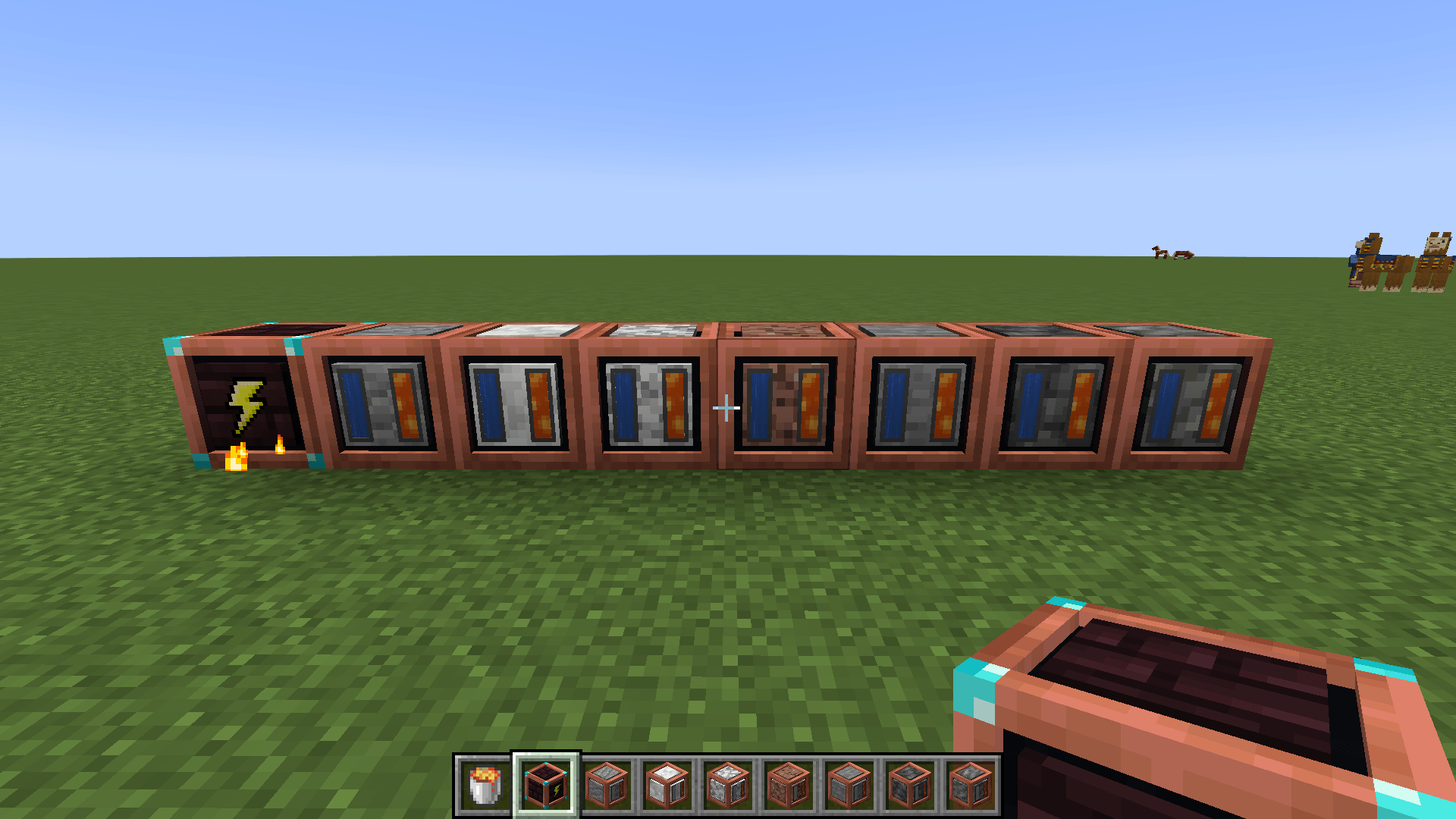 Left to right: Industrial Lava Generator, Andesite Solidifier, Calcite Solidifier, Diorite Solidifier, Granite Solidifier, Stone Solidifier, Deepslate Solidifier, Tuff Solidifier