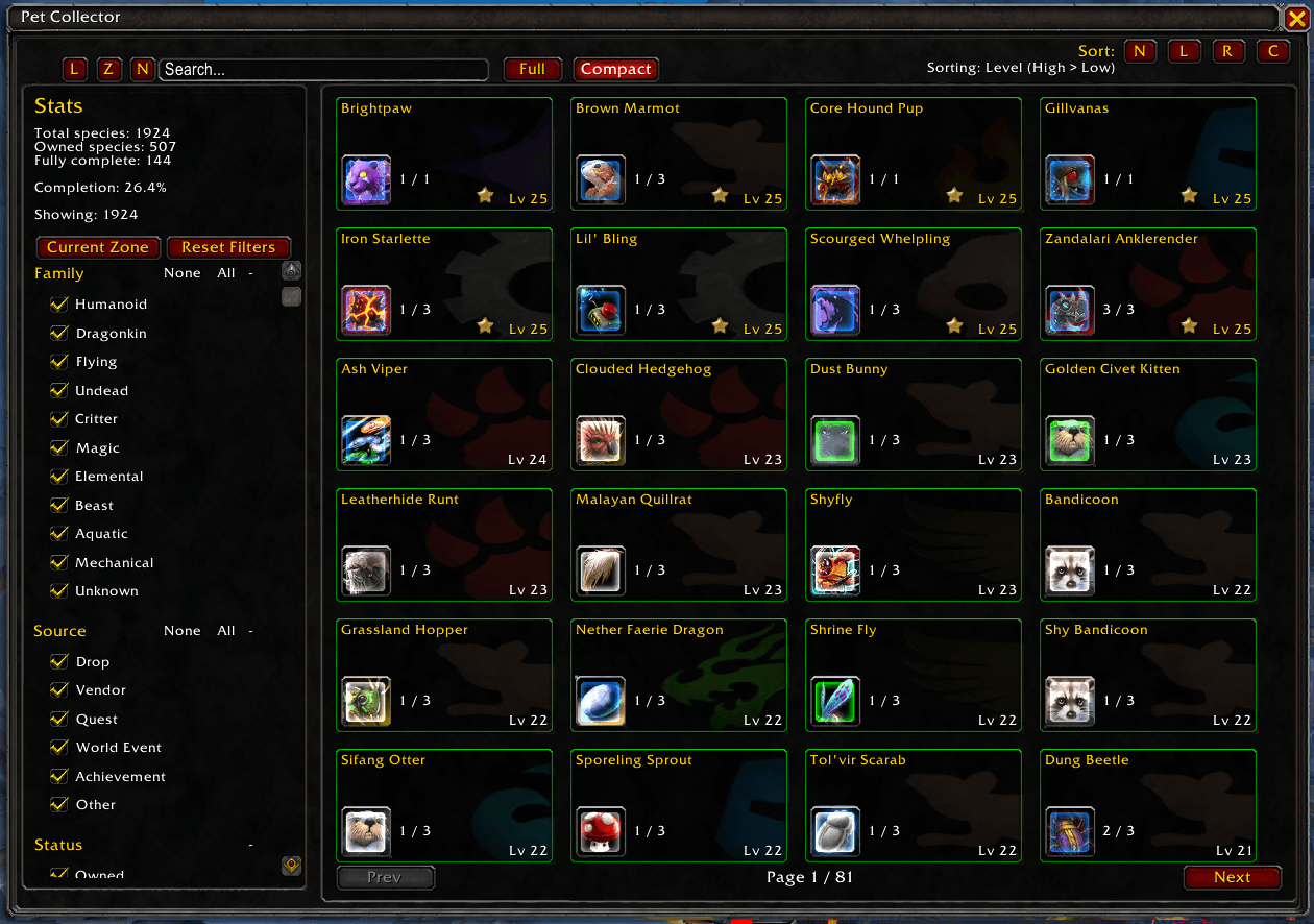 (v1.1) Sort the list by Name, Level, Rarity or Number Collected