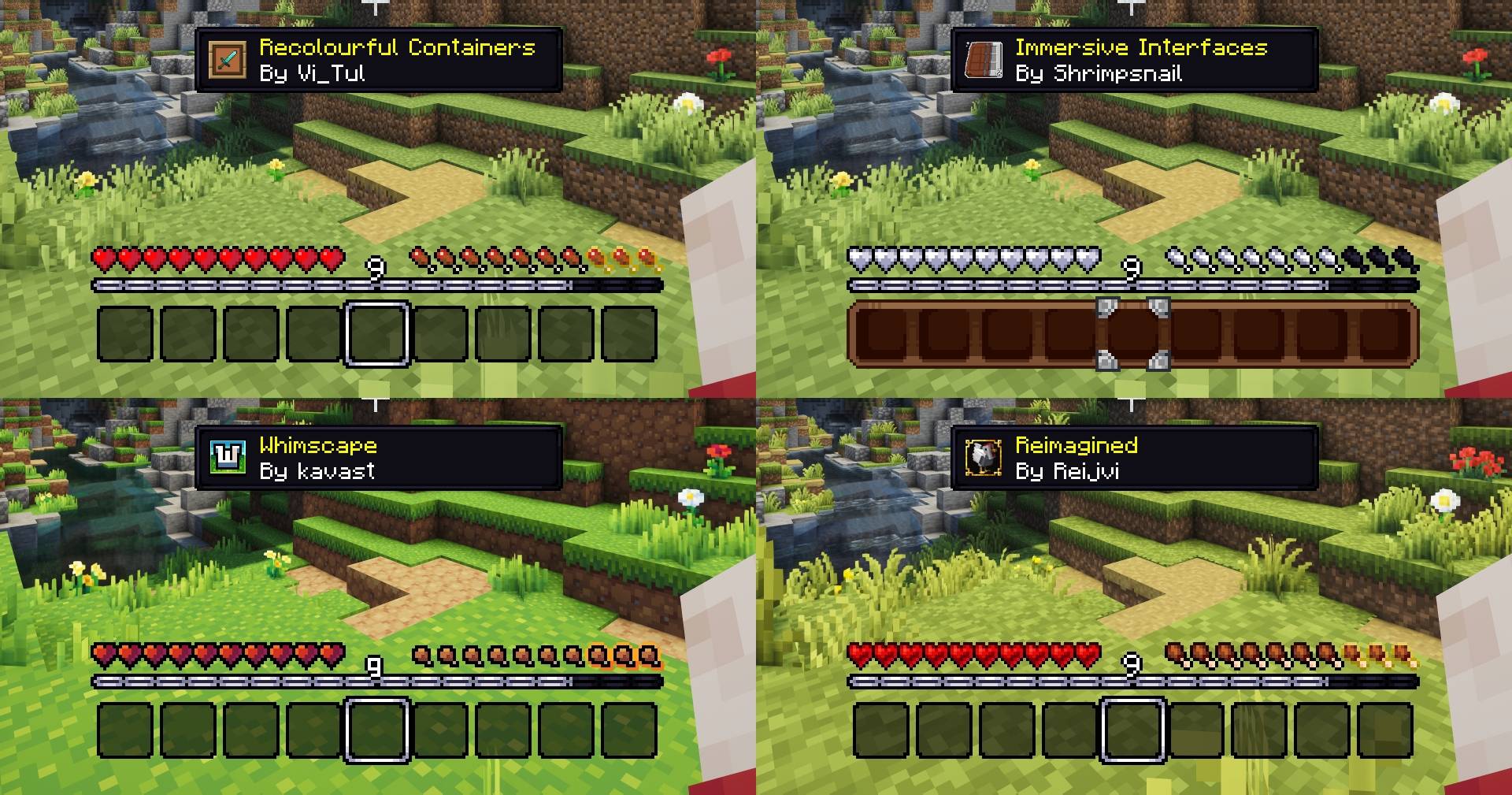 An extended showcase of other resource packs showing their HUD elements under Volcanic Dark thanks to Respackopts.