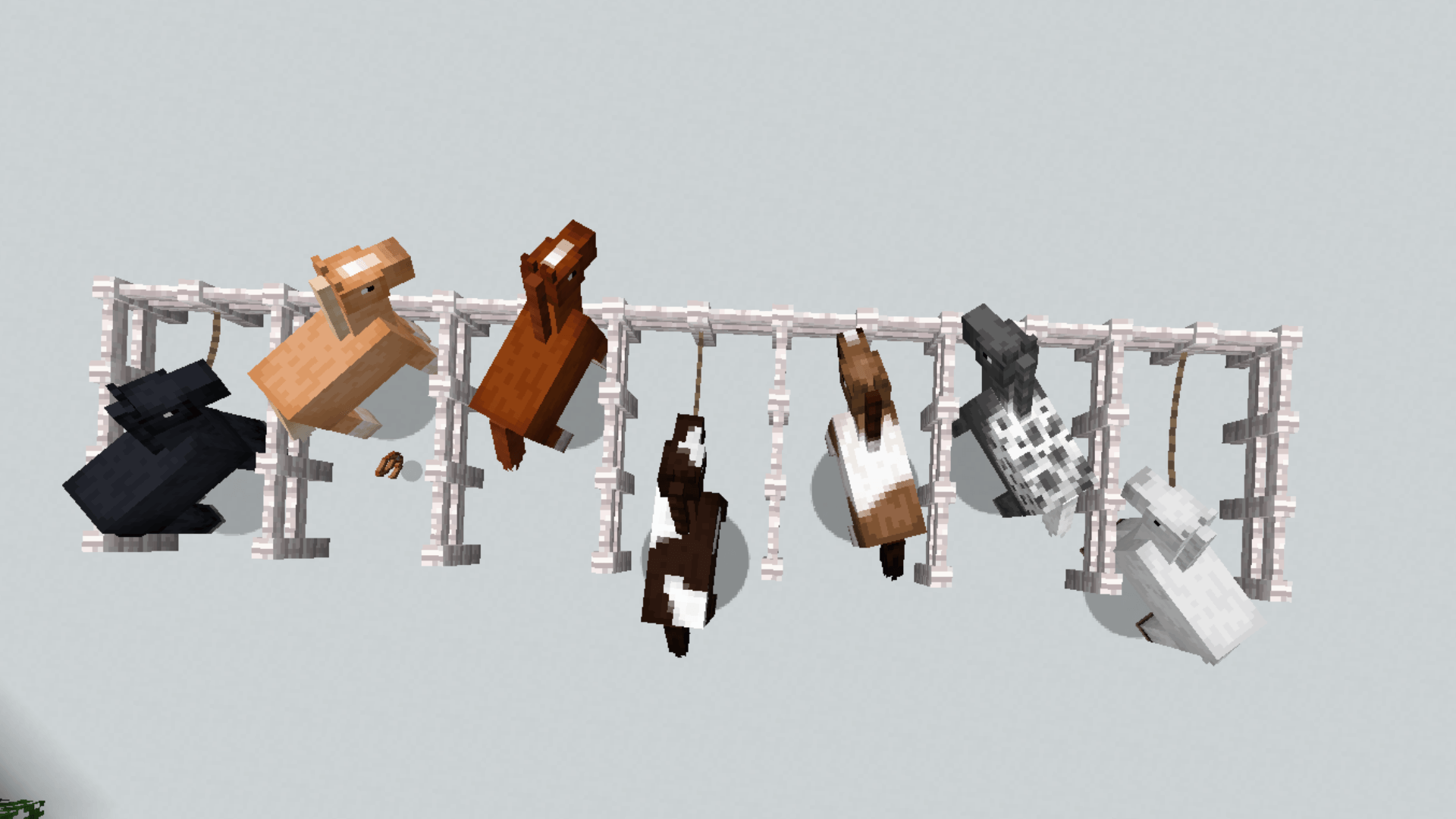 Thumbnail Re-tuned the color of the Creamy, Chestnut, and Brown Horses (2, 3, and 5). Replaced black markings and spots with alt paint pattern and blanket pattern. (4 and 5). Randomizes using original Mojang system, no optifine required.