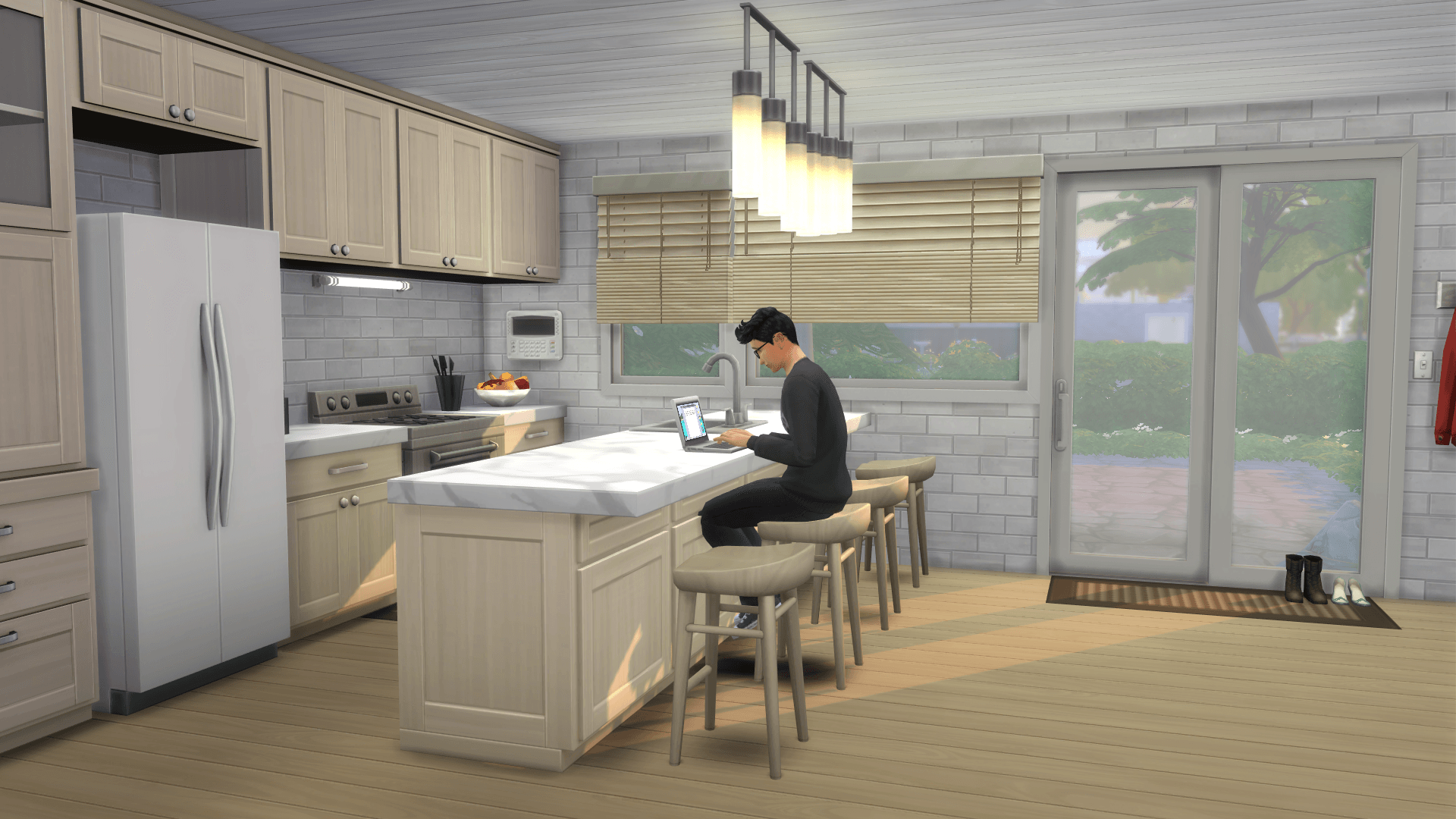 Kitchen with new island counter, blinds and shoes by the entrance.