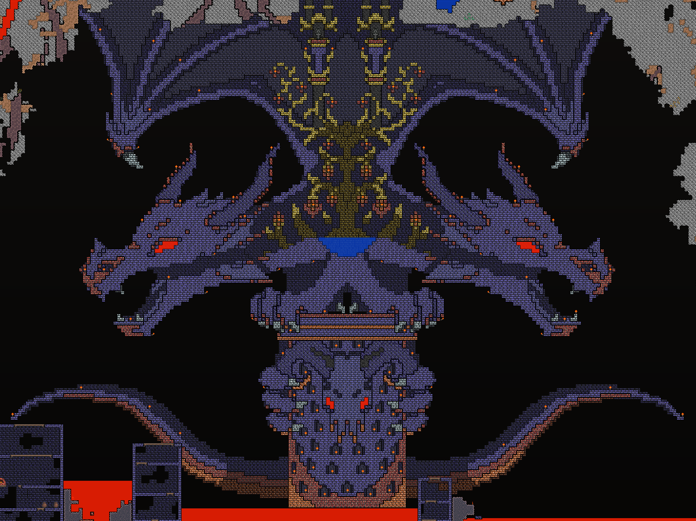 <p>Several of my first old projets (terraria v1.05 or less), my old main world. But now They are very outdated with v1.2. Need to be worked again but you can give it a look. (Hand-made)</p>
<p>Contain:</p>
<p>My main Castle.
Advanced outpost.
Mushroom...