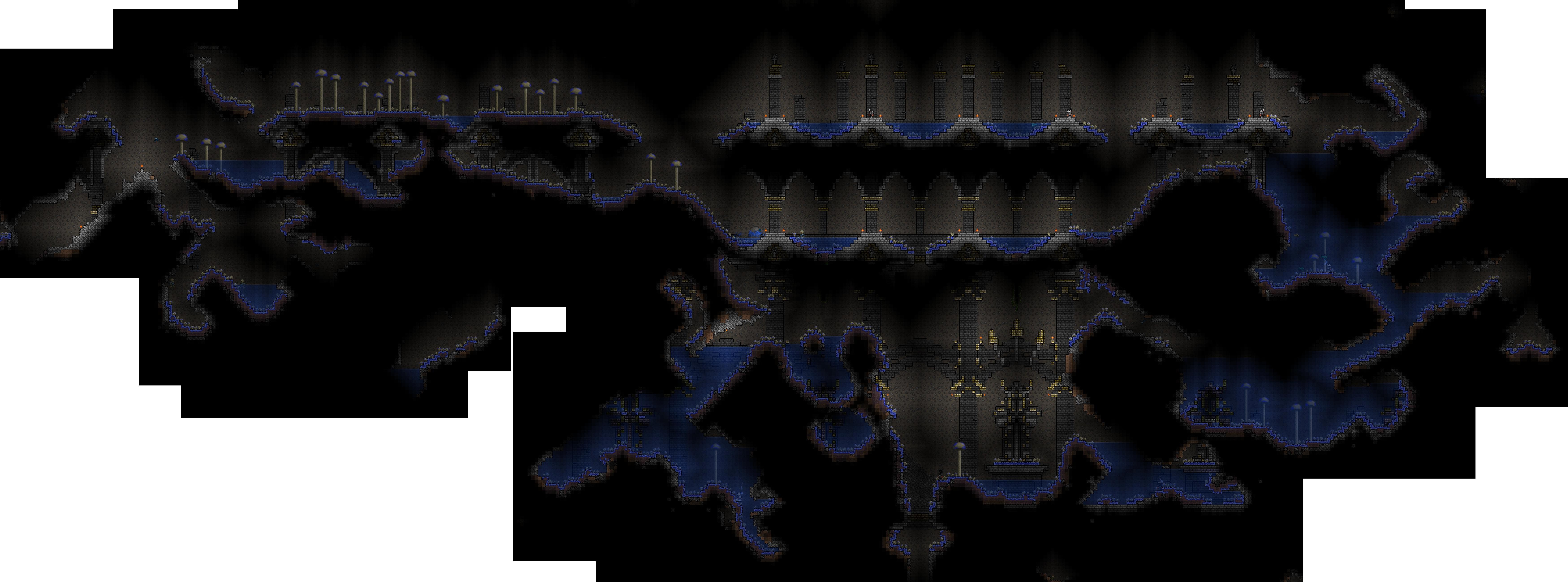 <p>Several of my first old projets (terraria v1.05 or less), my old main world. But now They are very outdated with v1.2. Need to be worked again but you can give it a look. (Hand-made)</p>
<p>Contain:</p>
<p>My main Castle.
Advanced outpost.
Mushroom...