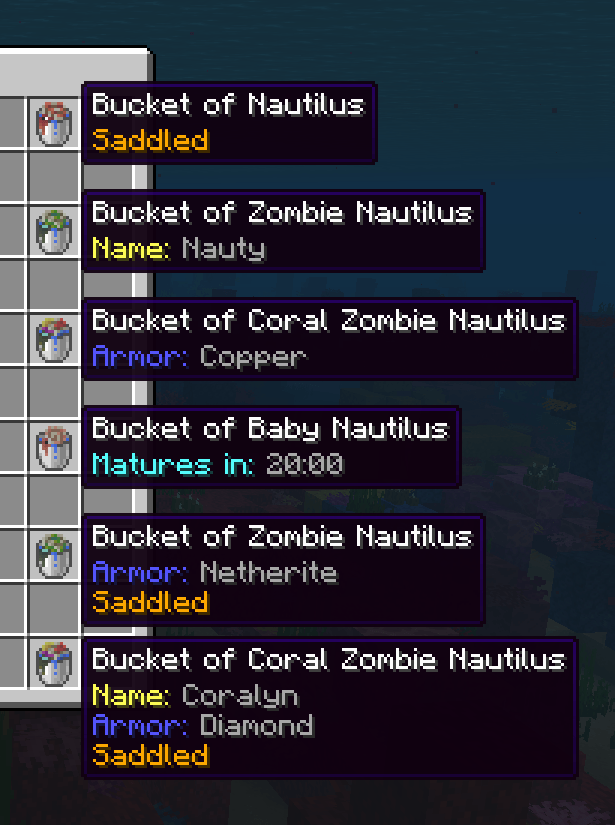 Six Nautilus buckets showing different tooltip combinations: name, saddle, and armor.
