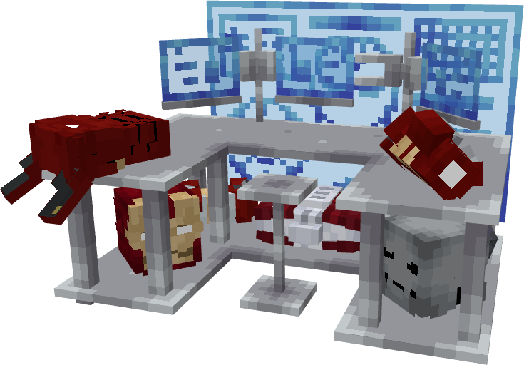 Thumbnail The Stark Computer can be crafted and is what players must use for obtaining the Iron Man Armors
Right-Clicking the Stark Computer opens up an intricate GUI system from which all Iron Man Armors and their recipes can be viewed for crafting