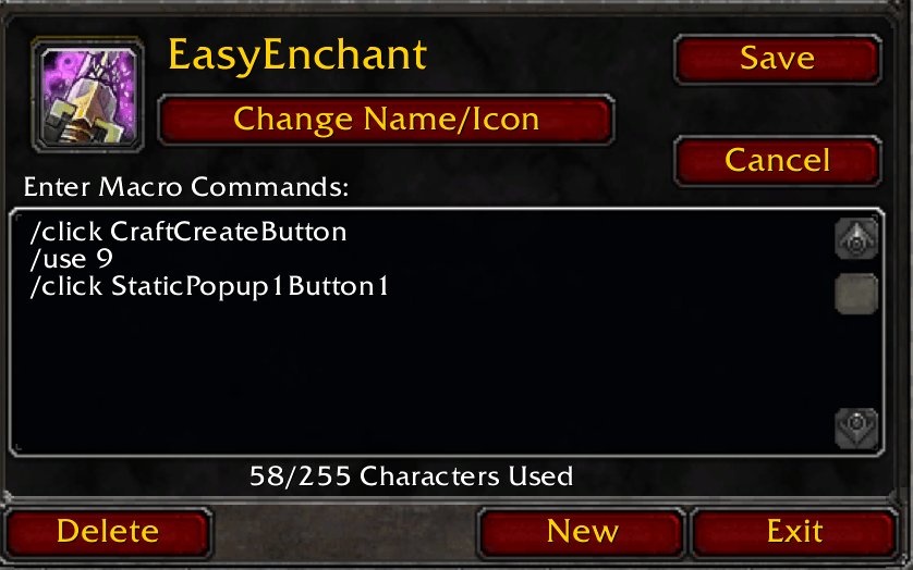 Create the macro with /cce macro. The EasyEnchant macro is automatically updated whenever the selected item is moved/equipped/unequipped or when you select a different item.