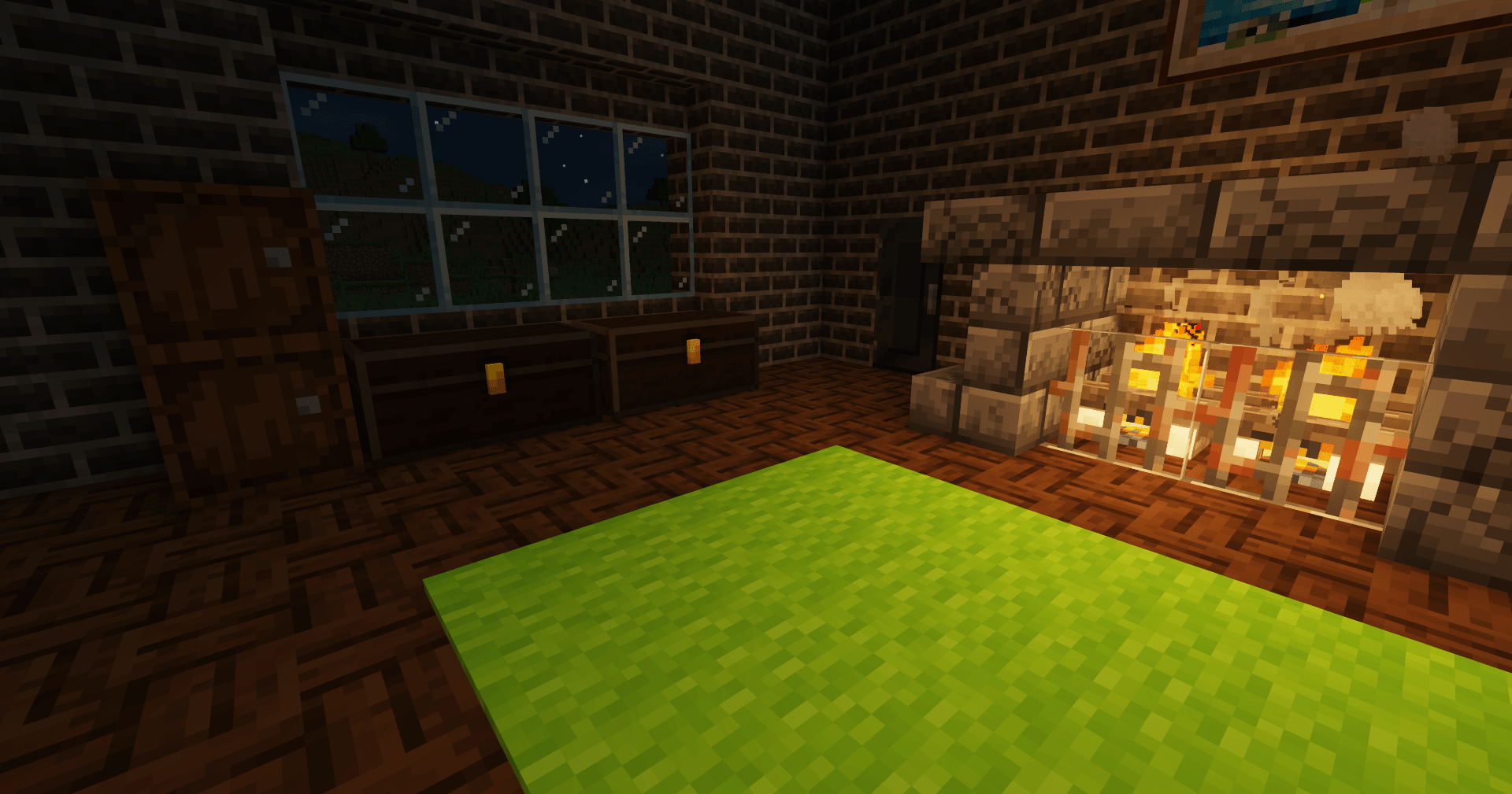 Pictured: Cracked Deepslate Brick Slab/Stairs, Dark Oak Mosaic, Barrel, Chest, Lead Door, Charcoal Bricks and Rusted Iron Bars