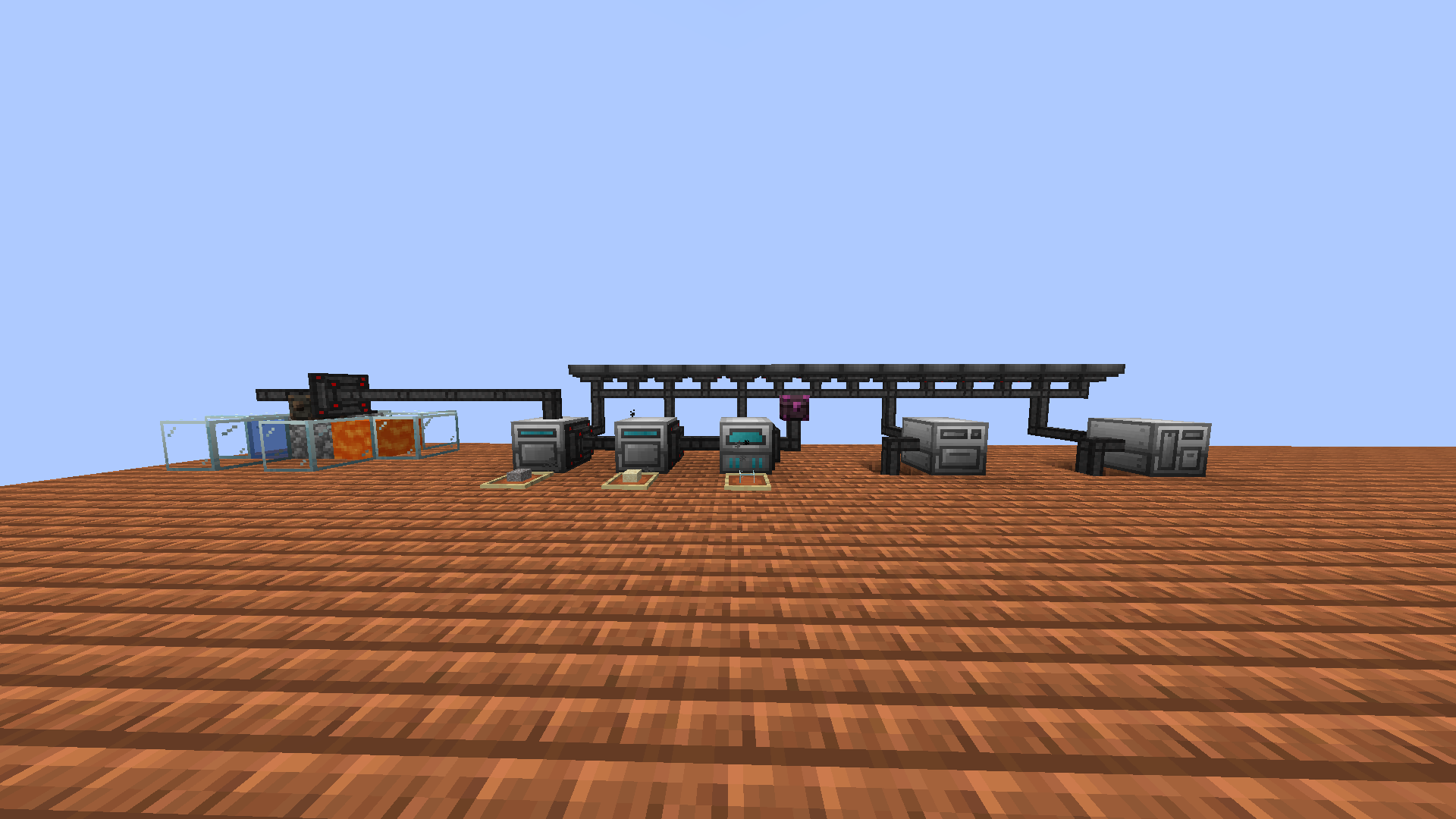 Thumbnail Some industrial machines producing glass from cobblestone and others crafting other stuff powered using pipes and energy transfer nodes below some solar panels