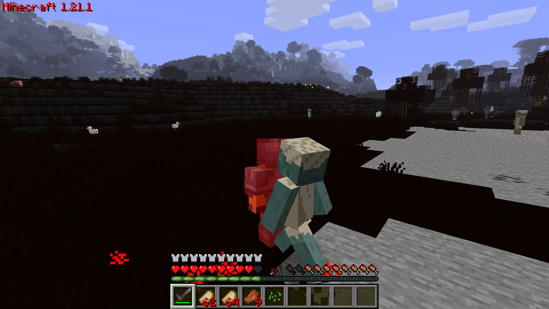 Blood particles are produced when damage occurs, e.g., when mobs are beaten.