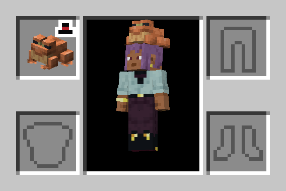 Player inventory menu, but the player has equipped a Frog Hat item in their head slot. The player has a Frog model on top of their head.
