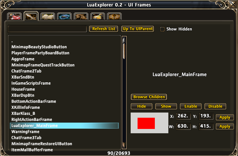 <p>Browse all visible frames and modify properties.</p>