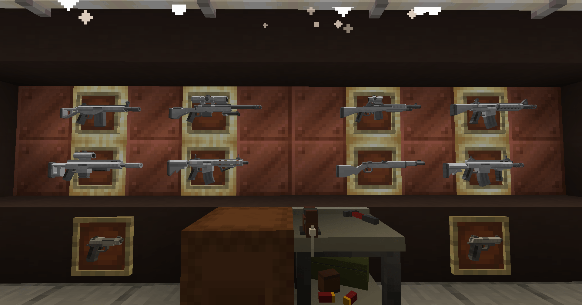 An armory scene featuring guns from Redundant Guns, with attachments from this mod, CGM, and NZGE. Up to date for v1.0.