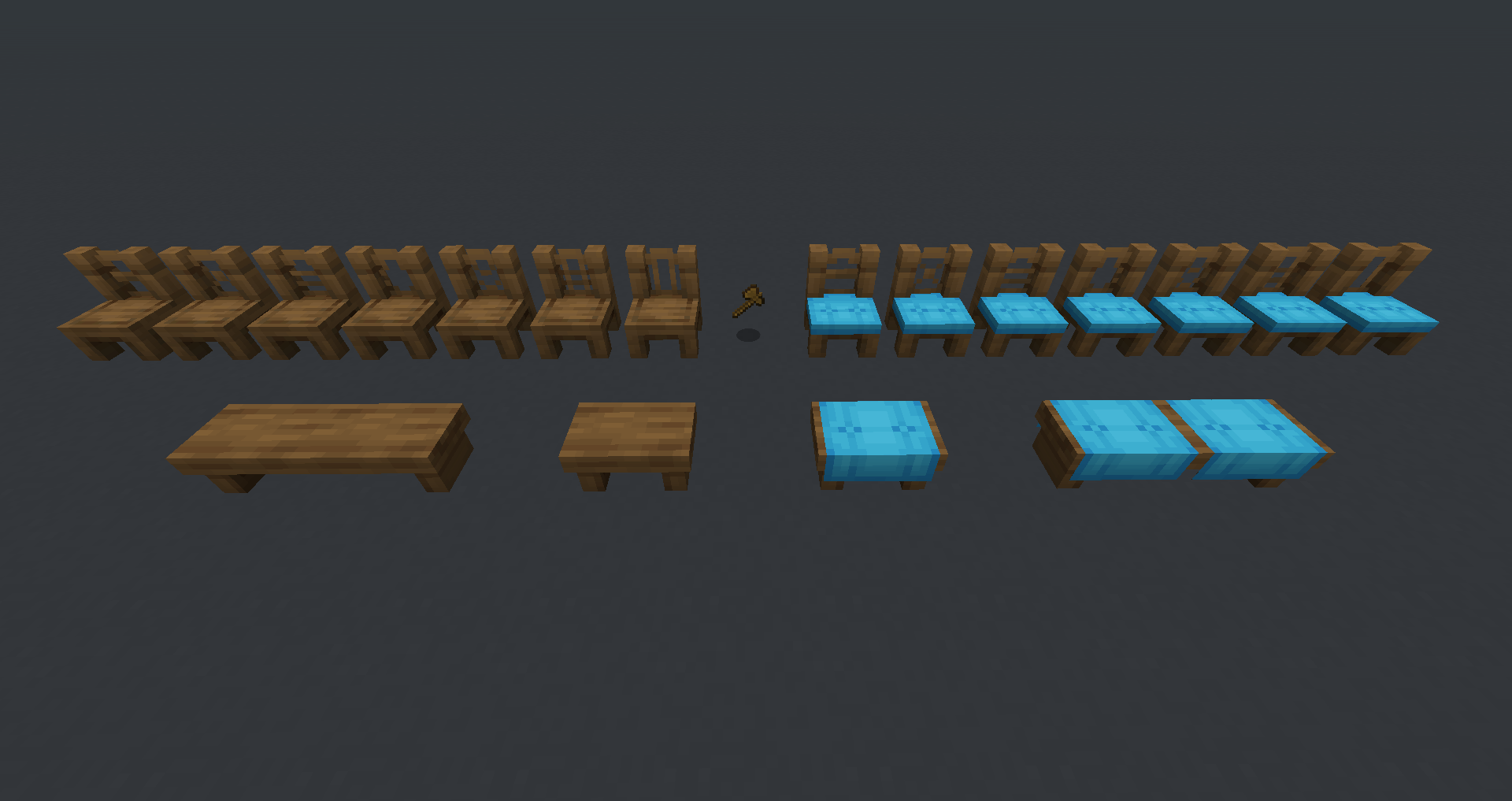 Thumbnail All 7 chair-backs (use an axe to change the back), benches, and their upholstered variants.