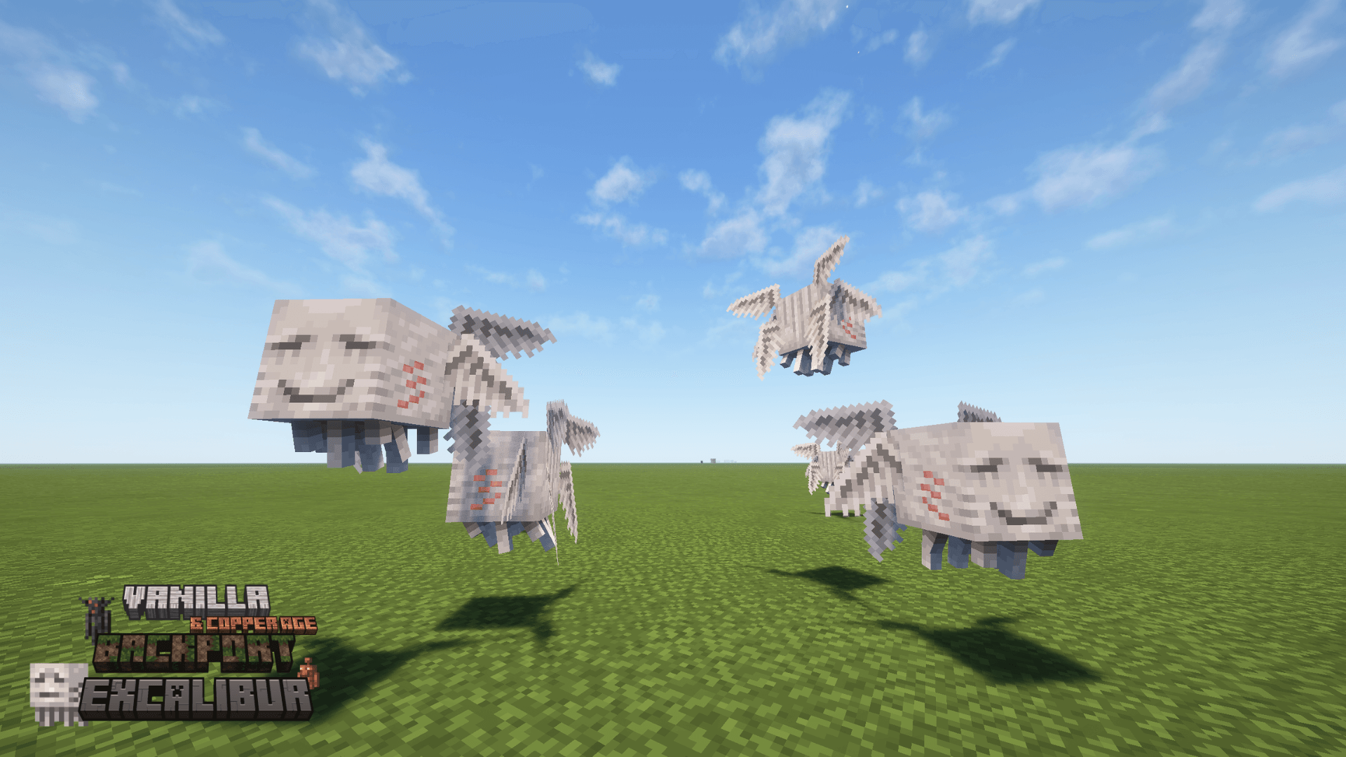 A little flock of baby ghasts floating like puffy marshmallows in the sky.