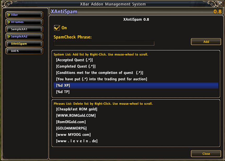 GUI in XBar Addon Managemeant