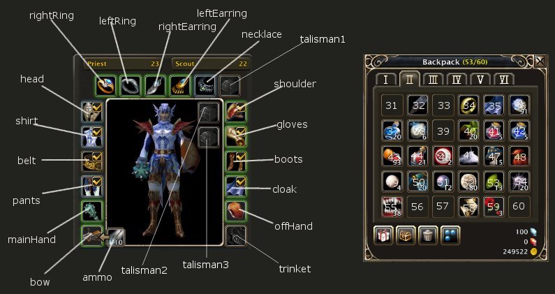 <p>A guide for what each equip slot is named (in my code) and an example of the bag index layout (showing page 2 of the bag inventory).
</p>