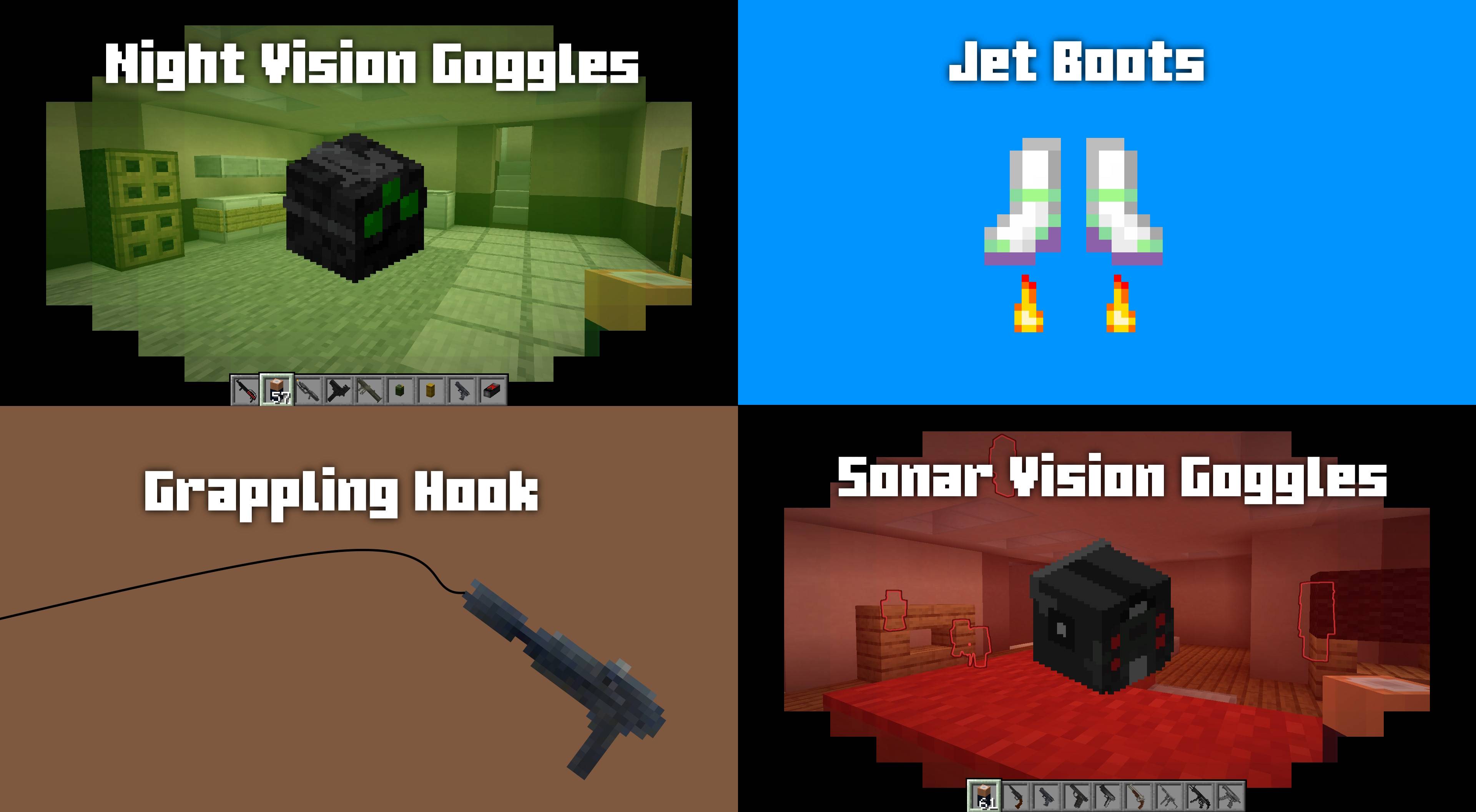 4 gadgets for Minecraft (grappling hook - Night vision goggles - Sonar Vision goggles - Jet boots).jpg