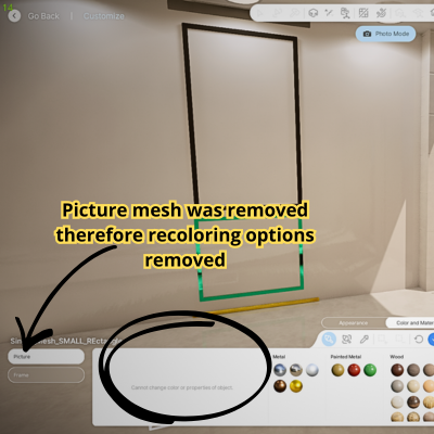 Thumbnail My original mesh had a bug where the invisible "picture" mesh would show up. I removed that mesh completely however this option to recolor the "picture" will still come up. Ignore it and move onto coloring the "frame" in order to recolor the paneling.